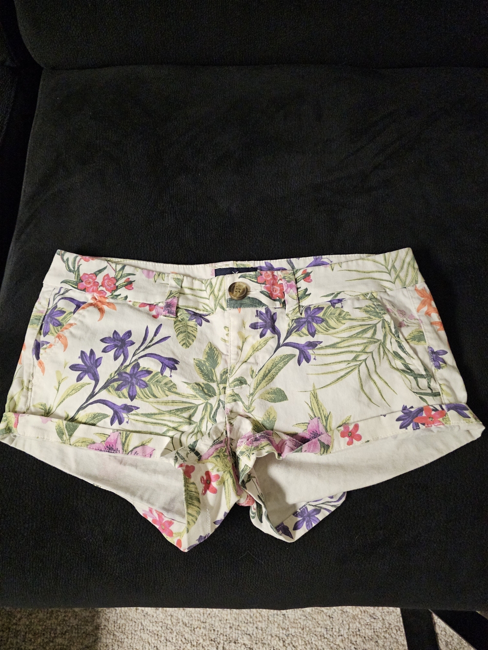 American Eagle Outfitters Floral High-Rise Shorts in White with Purple & Green